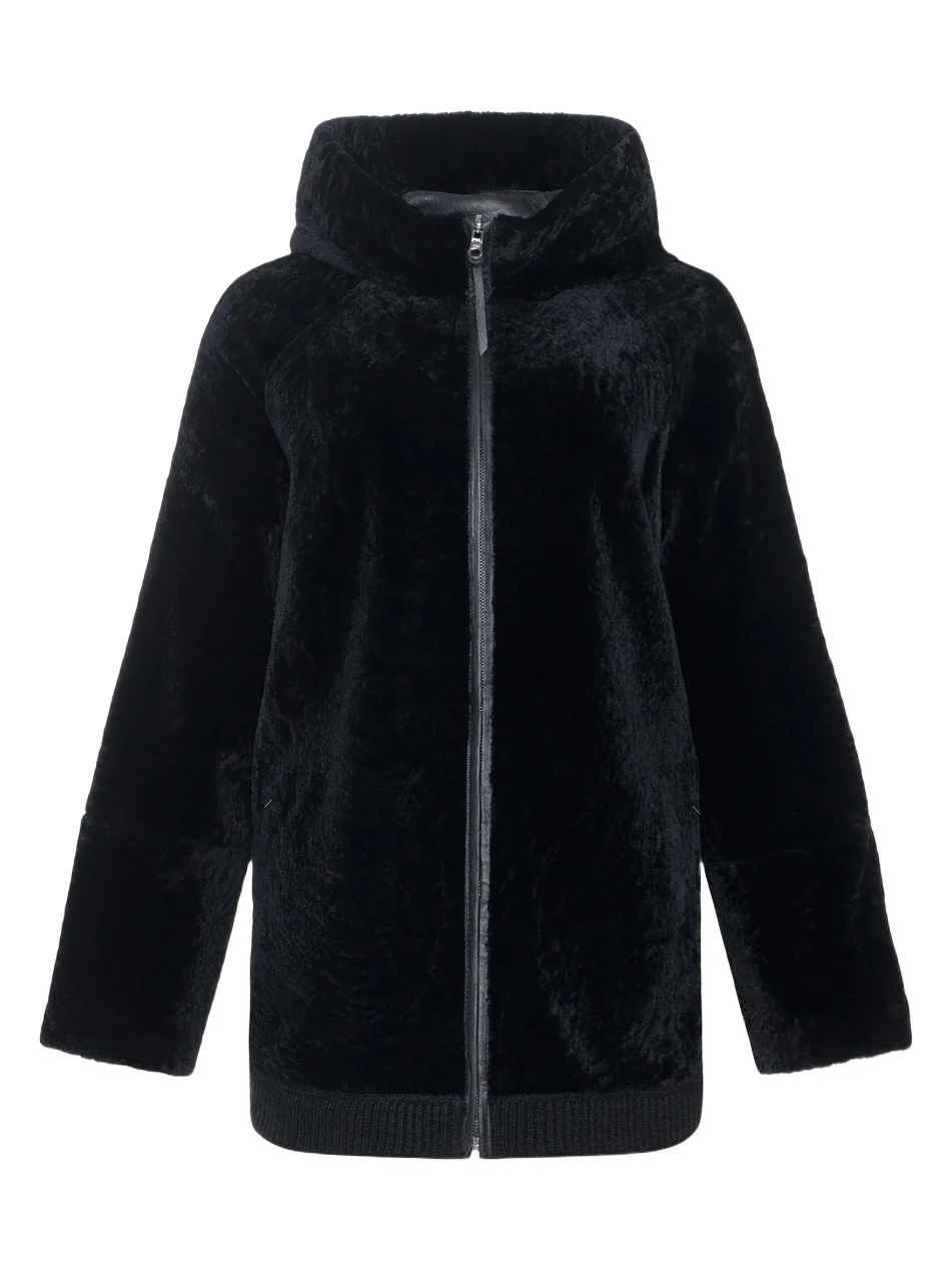Gorski Women's Reversible Textured Shearling Lamb Zip Parka with Ribbed Hem - Black