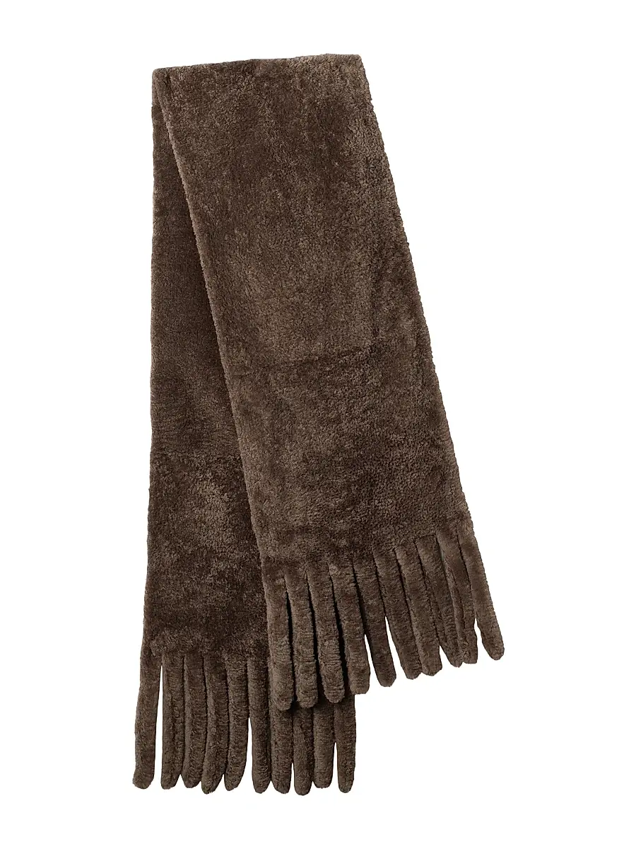 Gorski Women's Silky Shearling Lamb Stole with Fringes - Taupe | Thumbnail 2 Gorski Women's Silky Shearling Lamb Stole with Fringes - Taupe | Thumbnail 2