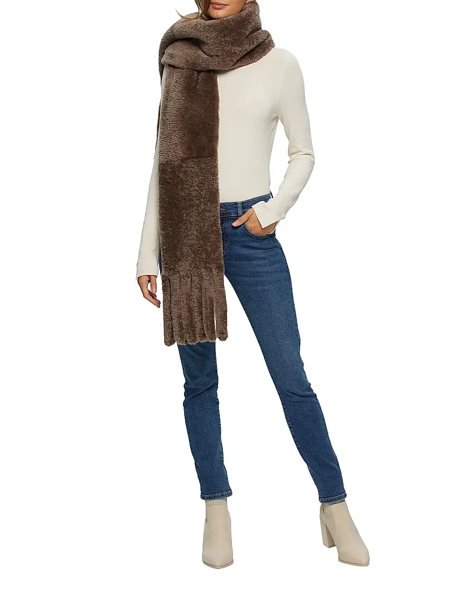 Gorski Women's Silky Shearling Lamb Stole with Fringes - Taupe | Thumbnail 3 Gorski Women's Silky Shearling Lamb Stole with Fringes - Taupe | Thumbnail 3