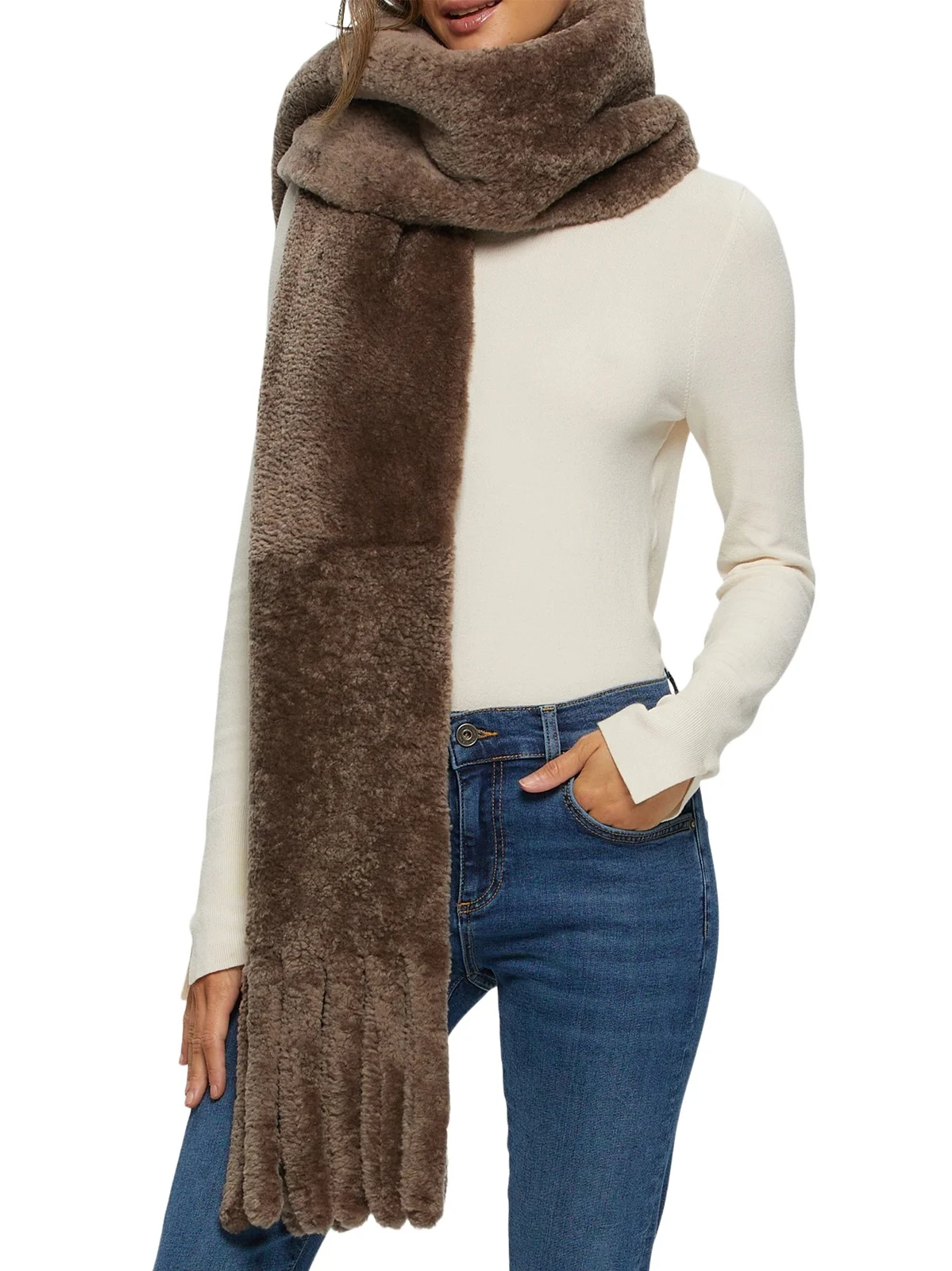 Gorski Women's Silky Shearling Lamb Stole with Fringes - Taupe