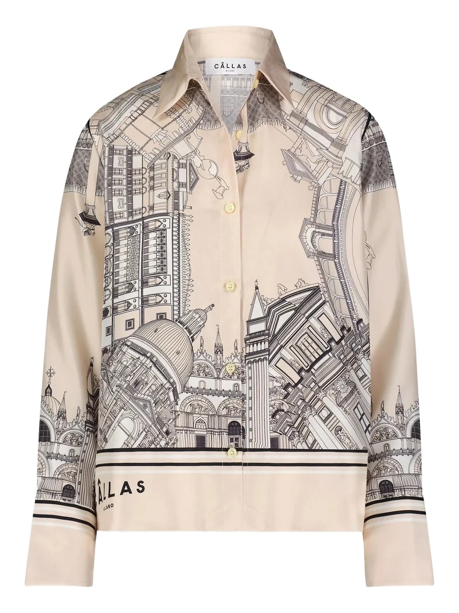 Women's Silk Twill Shirt with Venice Scarf Print Back