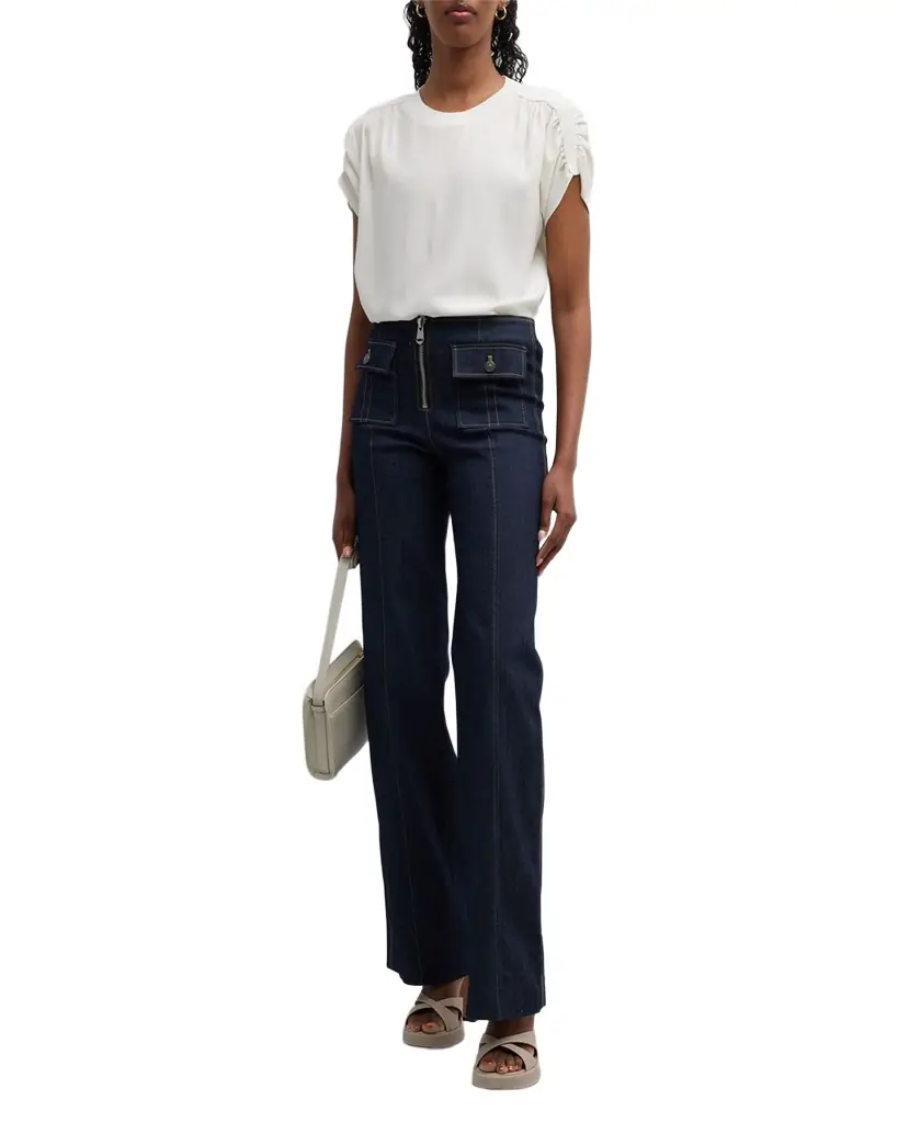 Cinq à Sept Lorainne Short Ruched-Sleeve Silk Top | Image 1 Cinq à Sept Lorainne Short Ruched-Sleeve Silk Top | Image 1