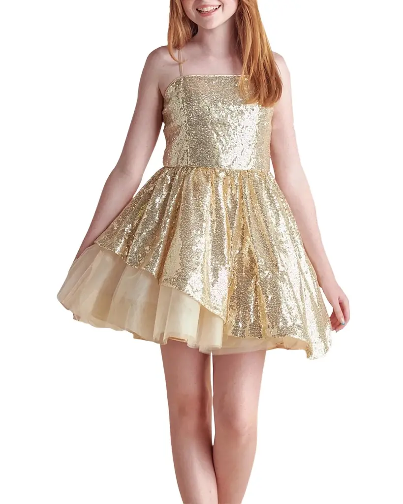 Un Deux Trois Girl 's Sequined Peek-a-Boo Tulle Dress | Image 1 Un Deux Trois Girl 's Sequined Peek-a-Boo Tulle Dress | Image 1