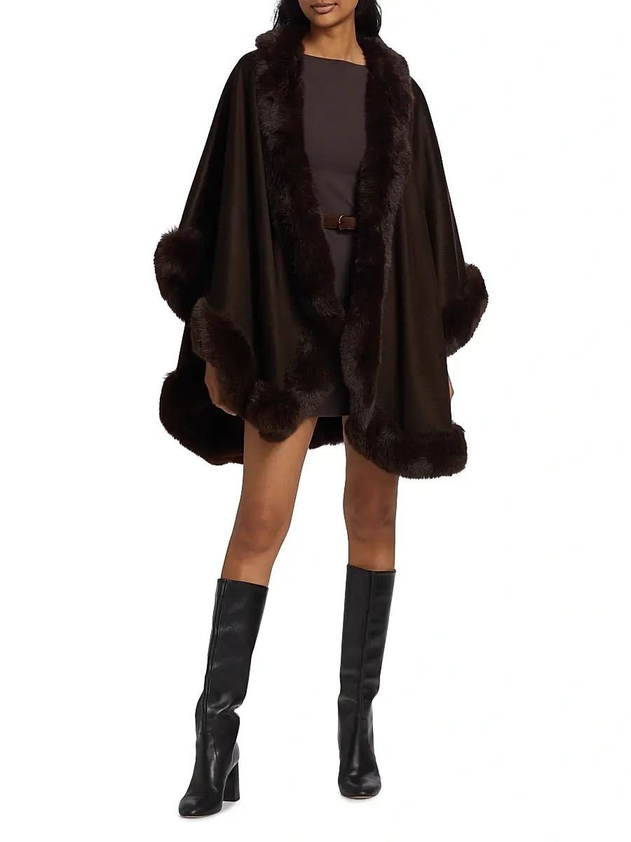 Sofia Cashmere Women's Faux Fur & Cashmere U-Cape - Brown | Thumbnail 2