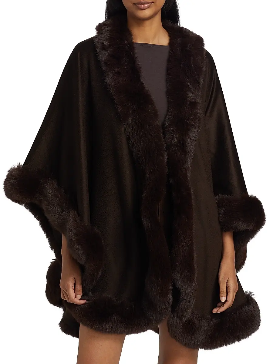 Sofia Cashmere Women's Faux Fur & Cashmere U-Cape - Brown | Thumbnail 3