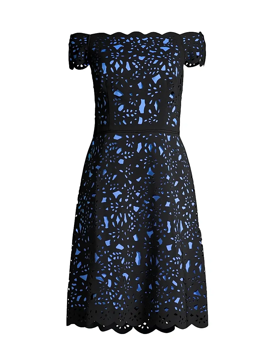 Shani Women's Off-The-Shoulder Laser Cut Dress - Black Blue | Image 1 Shani Women's Off-The-Shoulder Laser Cut Dress - Black Blue | Image 1