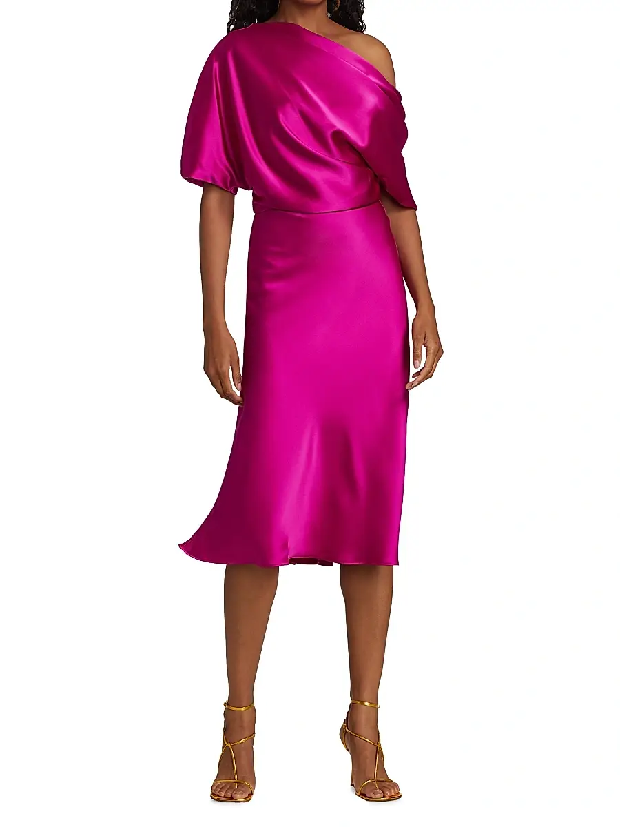 Amsale Women's Draped Satin One-Shoulder Midi-Dress | Thumbnail 2 Amsale Women's Draped Satin One-Shoulder Midi-Dress | Thumbnail 2