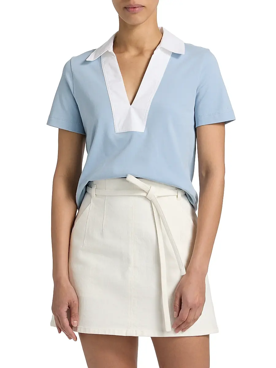 TANYA TAYLOR Women's Melanie Johnny Collar Cotton Short-Sleeve Top - Powder Blue | Thumbnail 3 TANYA TAYLOR Women's Melanie Johnny Collar Cotton Short-Sleeve Top - Powder Blue | Thumbnail 3