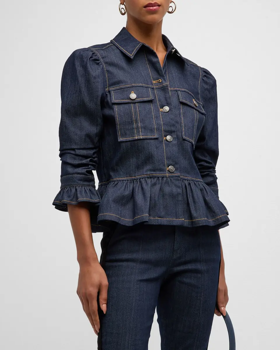 Cinq à Sept Delanie Scrunched-Sleeve Peplum Denim Jacket | Thumbnail 2