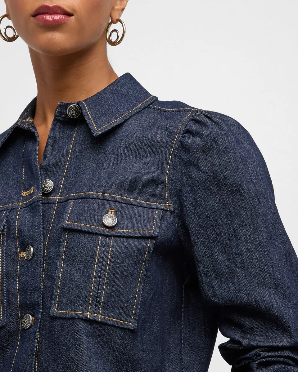 Cinq à Sept Delanie Scrunched-Sleeve Peplum Denim Jacket | Thumbnail 6