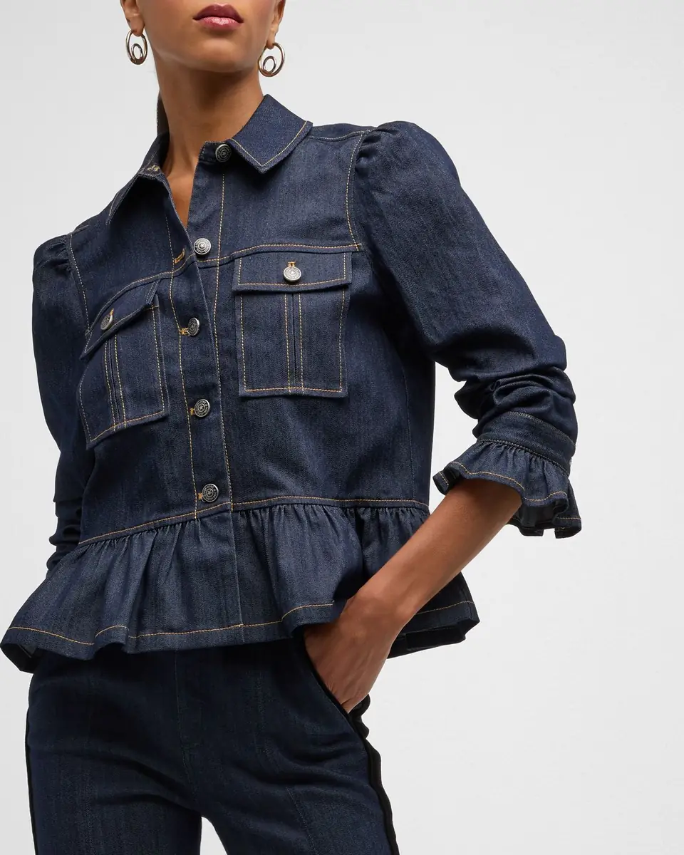 Cinq à Sept Delanie Scrunched-Sleeve Peplum Denim Jacket | Thumbnail 8