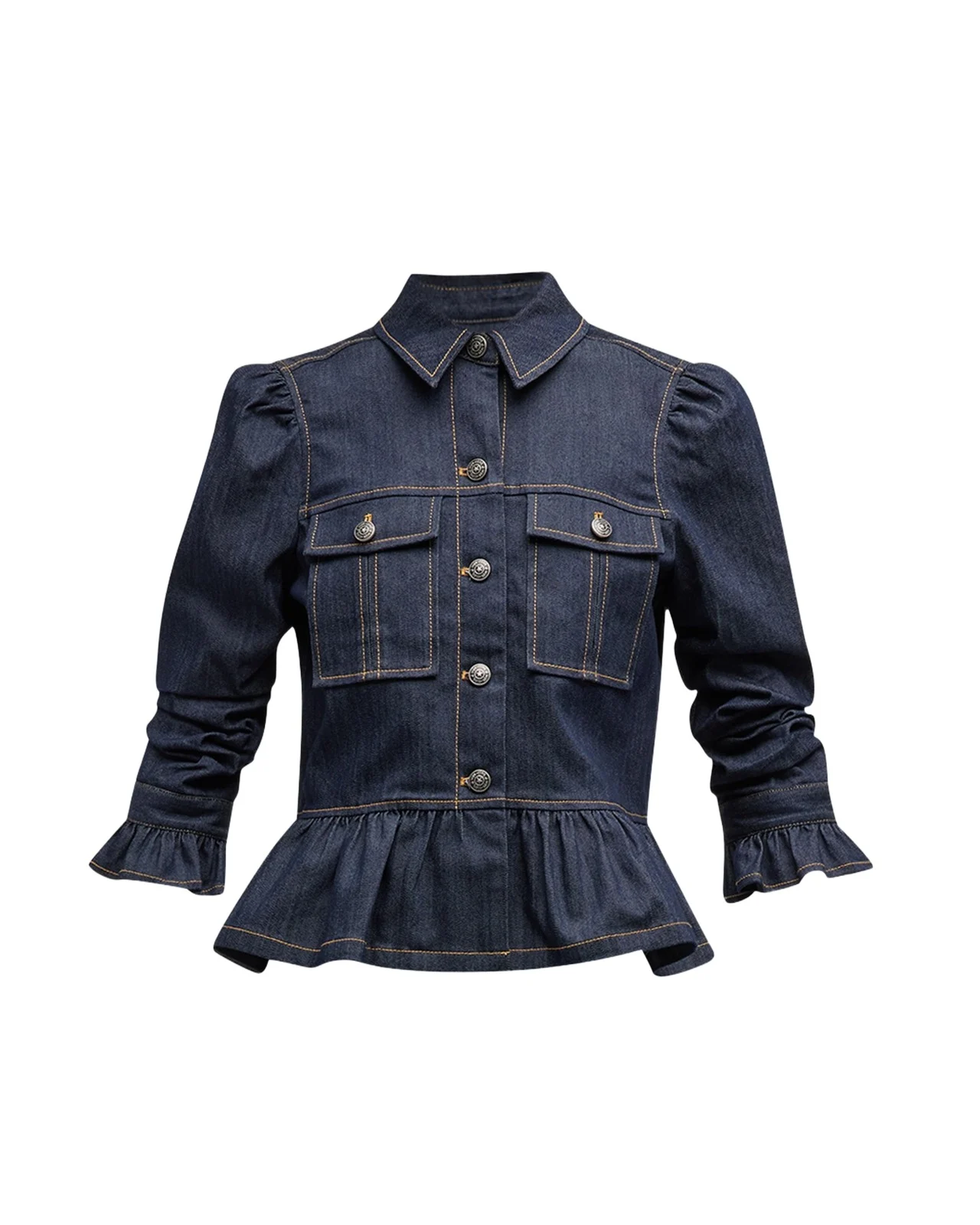 Delanie Scrunched-Sleeve Peplum Denim Jacket Delanie Scrunched-Sleeve Peplum Denim Jacket