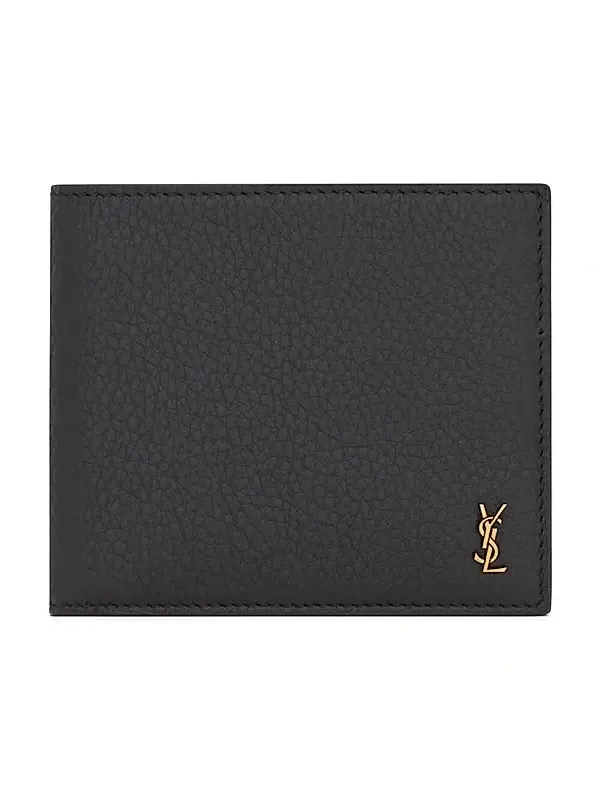 Saint Laurent Men's Tiny Cassandre East-West Wallet in Grained Leather - Black