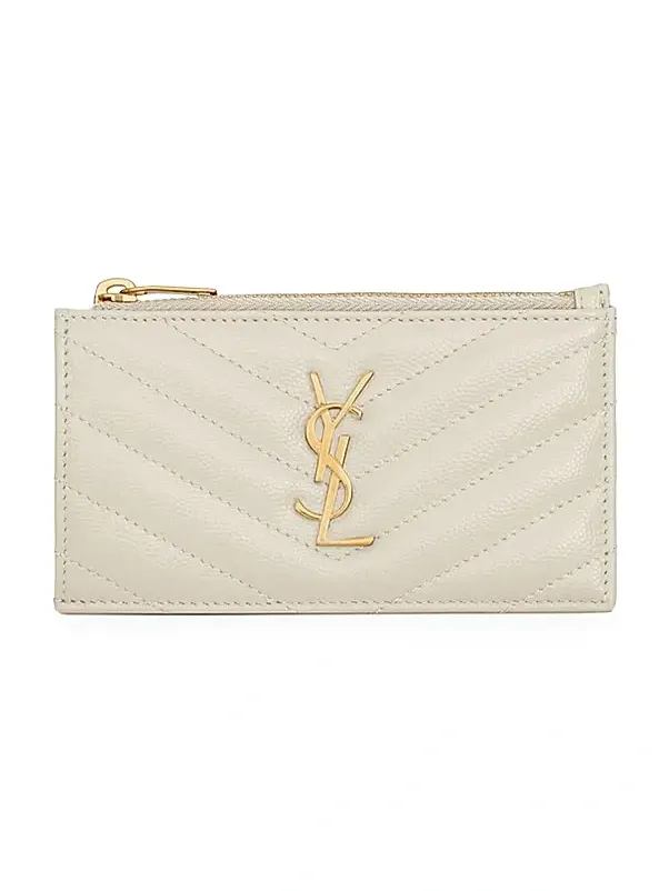 Saint Laurent Women's Cassandre Matelassé Zipped Card Case in Leather - Blanc Vintage