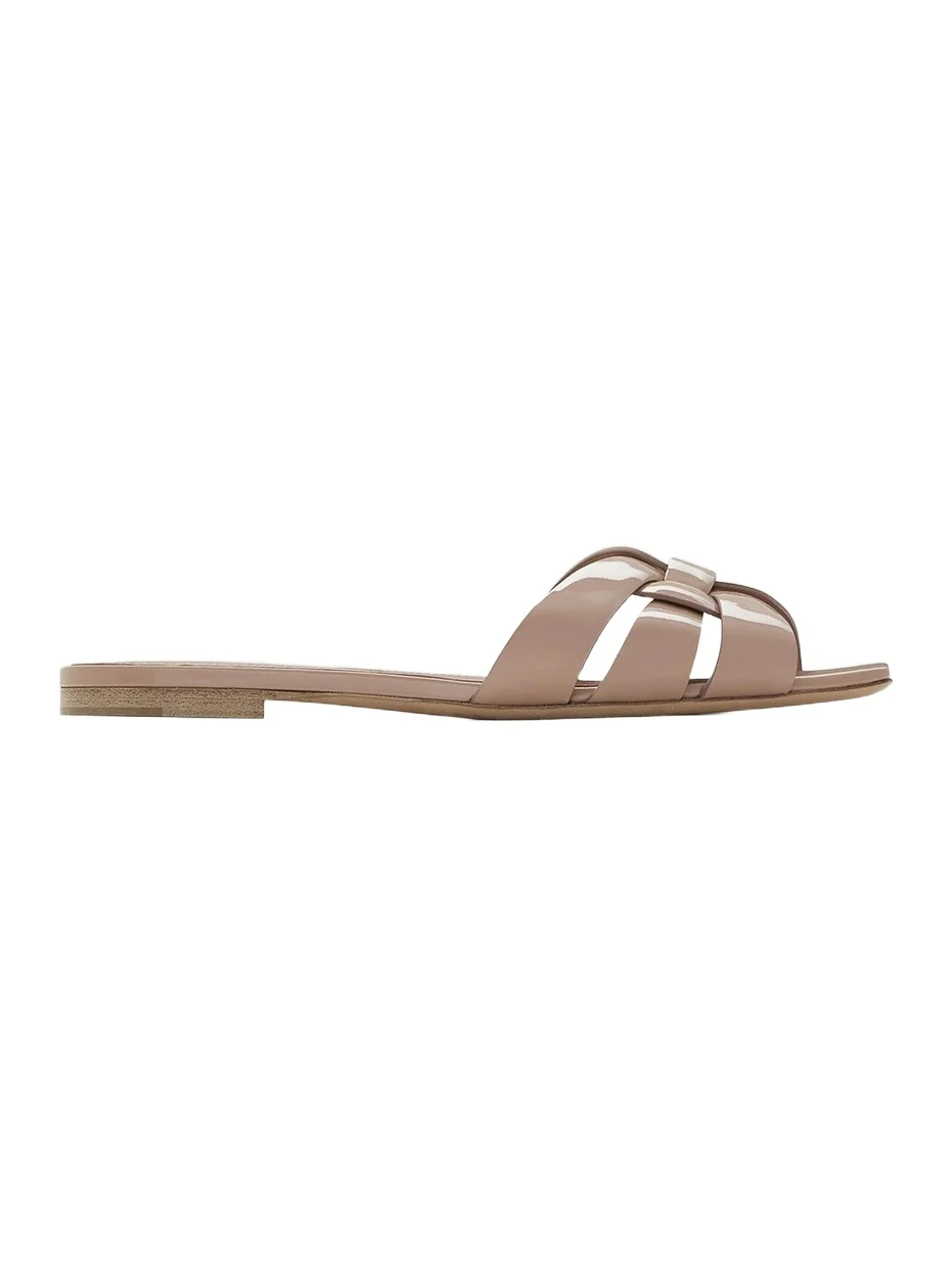 Saint Laurent Women's Tribute Flat Mules in Patent Leather - Beige