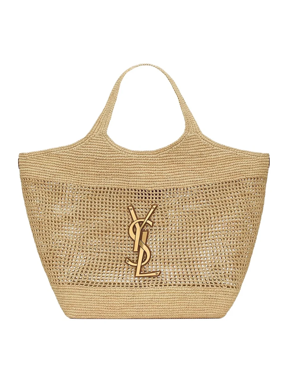 Saint Laurent Women's Icare Tote Bag in Raffia - Naturel And Brown Gold