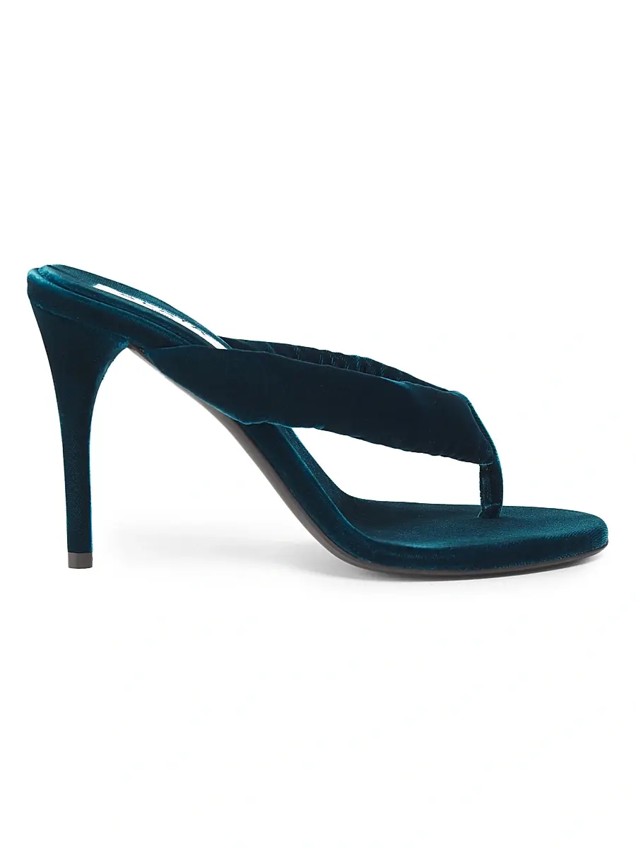 ALAIA Women's Tong 90MM Velvet Mules - Petrole | Image 1 ALAIA Women's Tong 90MM Velvet Mules - Petrole | Image 1