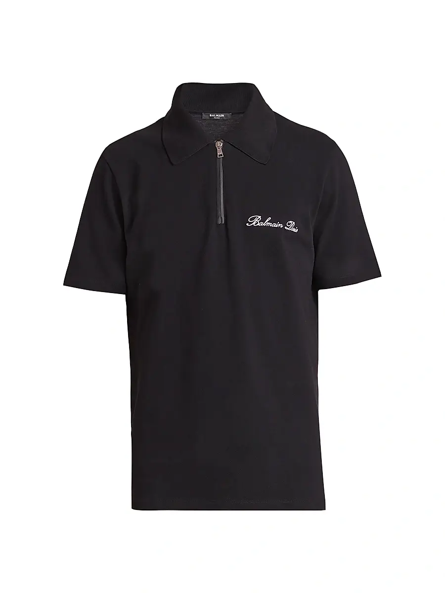 Balmain Men's Logo-Embroidered Cotton Quarter-Zip Polo Shirt - Noir Blanc | Image 1 Balmain Men's Logo-Embroidered Cotton Quarter-Zip Polo Shirt - Noir Blanc | Image 1