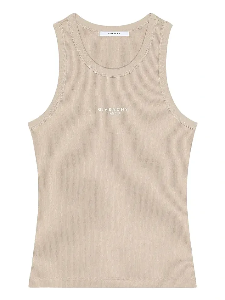 Givenchy Women's Slim Fit Tank Top in Cotton with Paris Print - Beige Cappuccino