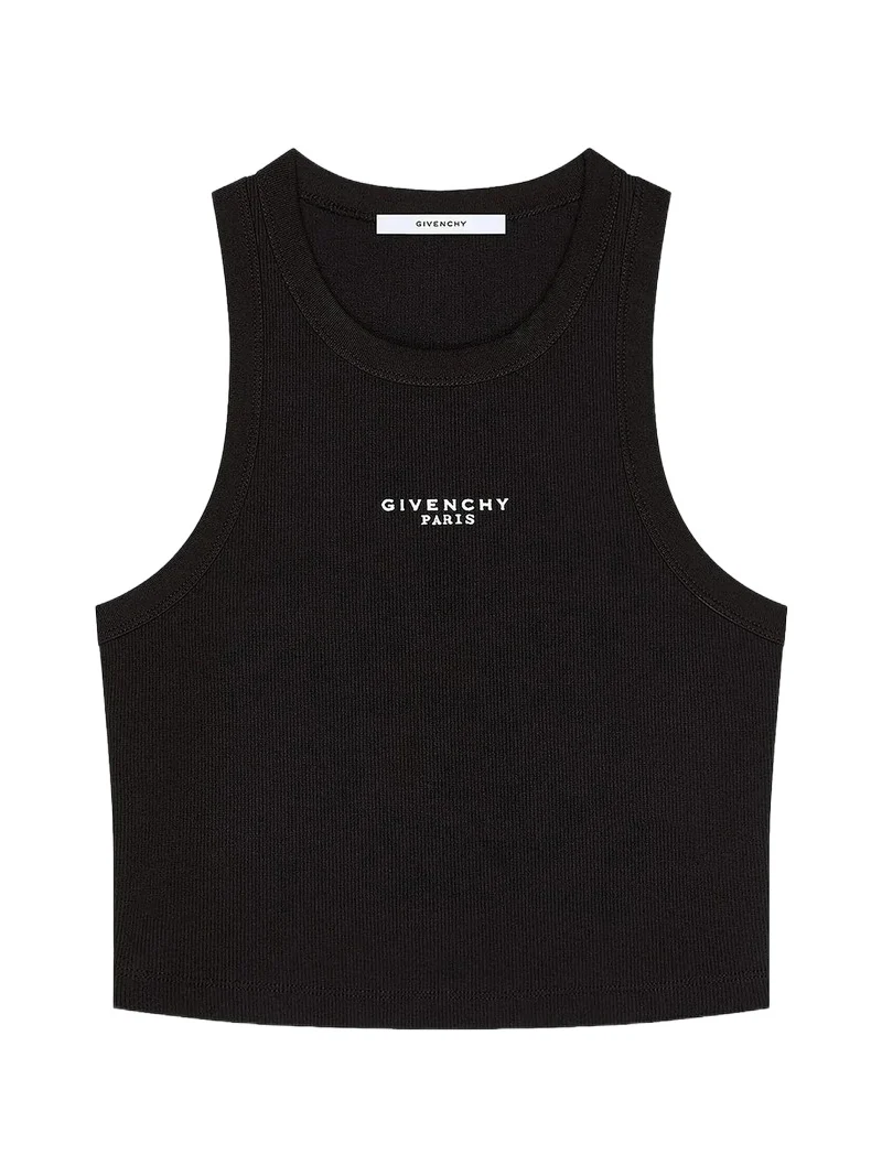 Women's Cropped Tank Top in Cotton with Paris Print - Black
