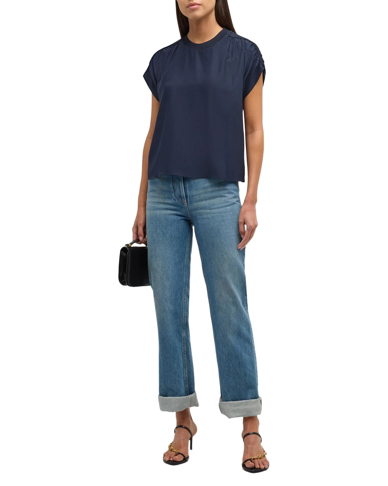 Cinq à Sept Lorainne Short Ruched-Sleeve Silk Top