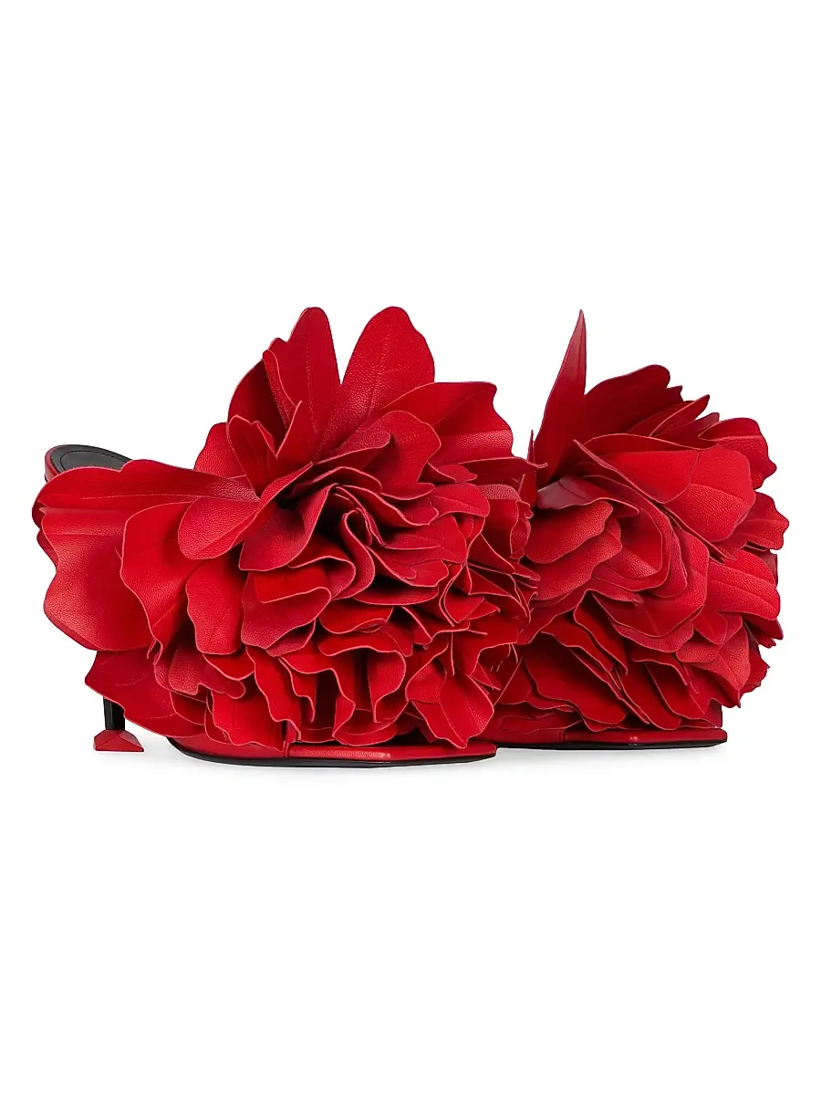 Givenchy Women's Boudoir Heeled Mules in Leather with Petals - Vermillon | Thumbnail 2