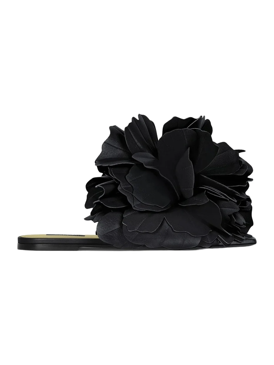 Givenchy Women's Boudoir Flat Mule Sandals in Leather with Petals - Black