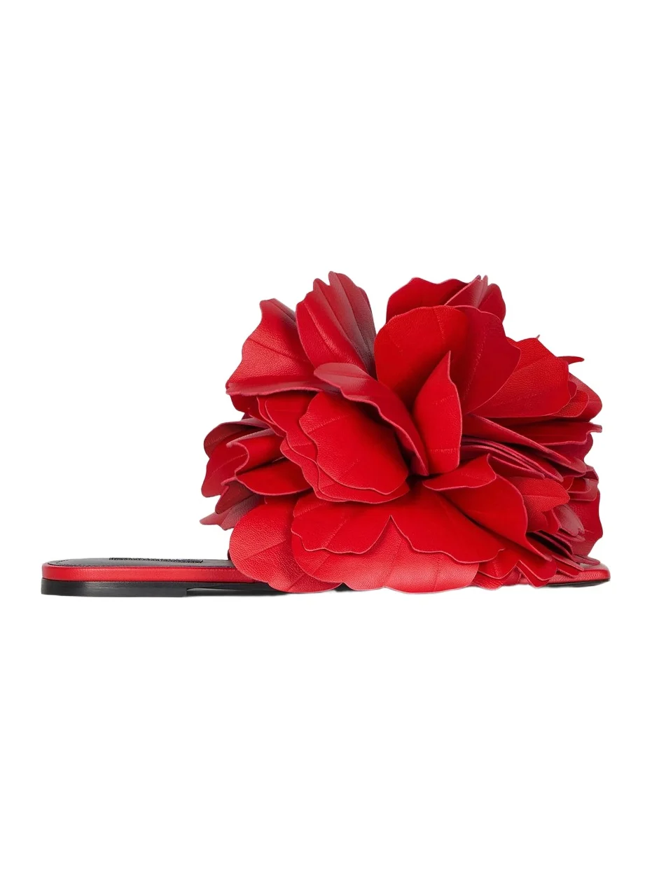 Givenchy Women's Boudoir Flat Mule Sandals in Leather with Petals - Vermillon