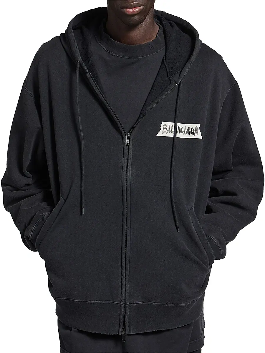 Balenciaga Men's Masking Tape Oversized Zip-Up Hoodie | Thumbnail 3 Balenciaga Men's Masking Tape Oversized Zip-Up Hoodie | Thumbnail 3