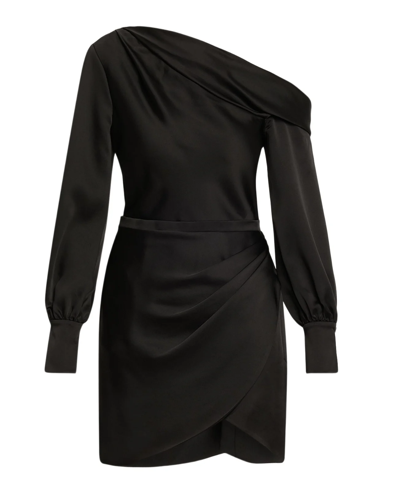 Cameron One-Shoulder Wrap-Skirt Satin Mini Dress Cameron One-Shoulder Wrap-Skirt Satin Mini Dress