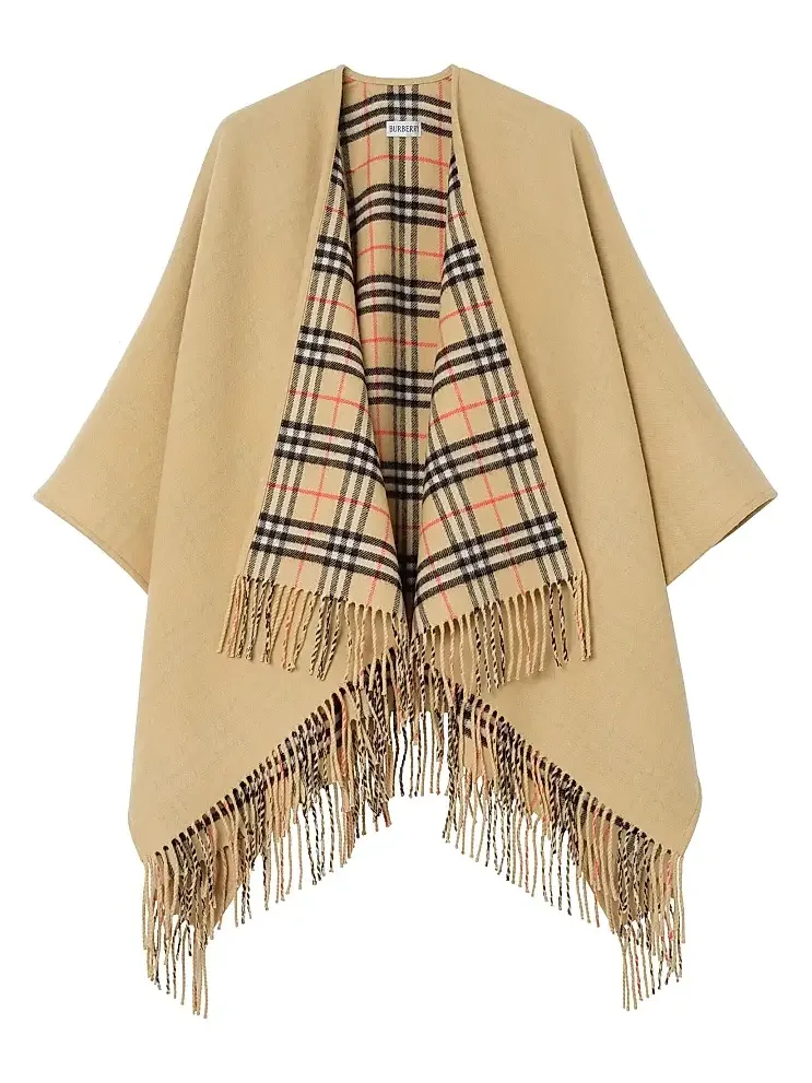 Burberry Women's Check Wool Fringe Cape
