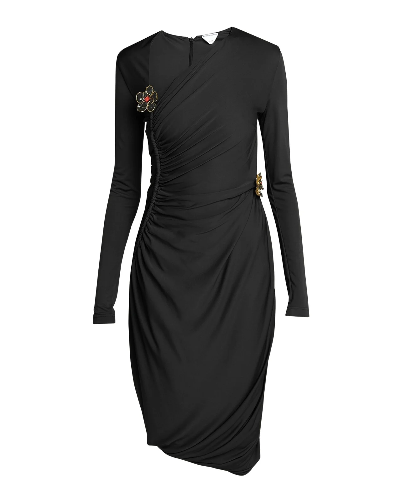 Flower-Applique Long-Sleeve Ruched Matte Crepe Viscose Jersey Dress Flower-Applique Long-Sleeve Ruched Matte Crepe Viscose Jersey Dress