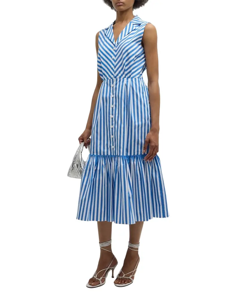 Elie Tahari The Joelle Striped Flounce Midi Dress | Image 1 Elie Tahari The Joelle Striped Flounce Midi Dress | Image 1