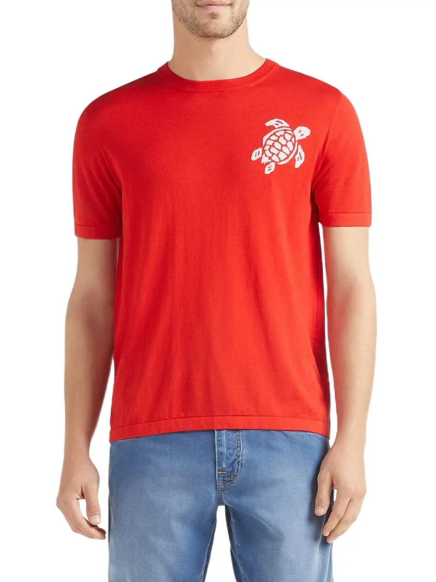 Vilebrequin Men's Big Turtle Silk & Cotton T-Shirt - Coquelicot | Thumbnail 4 Vilebrequin Men's Big Turtle Silk & Cotton T-Shirt - Coquelicot | Thumbnail 4