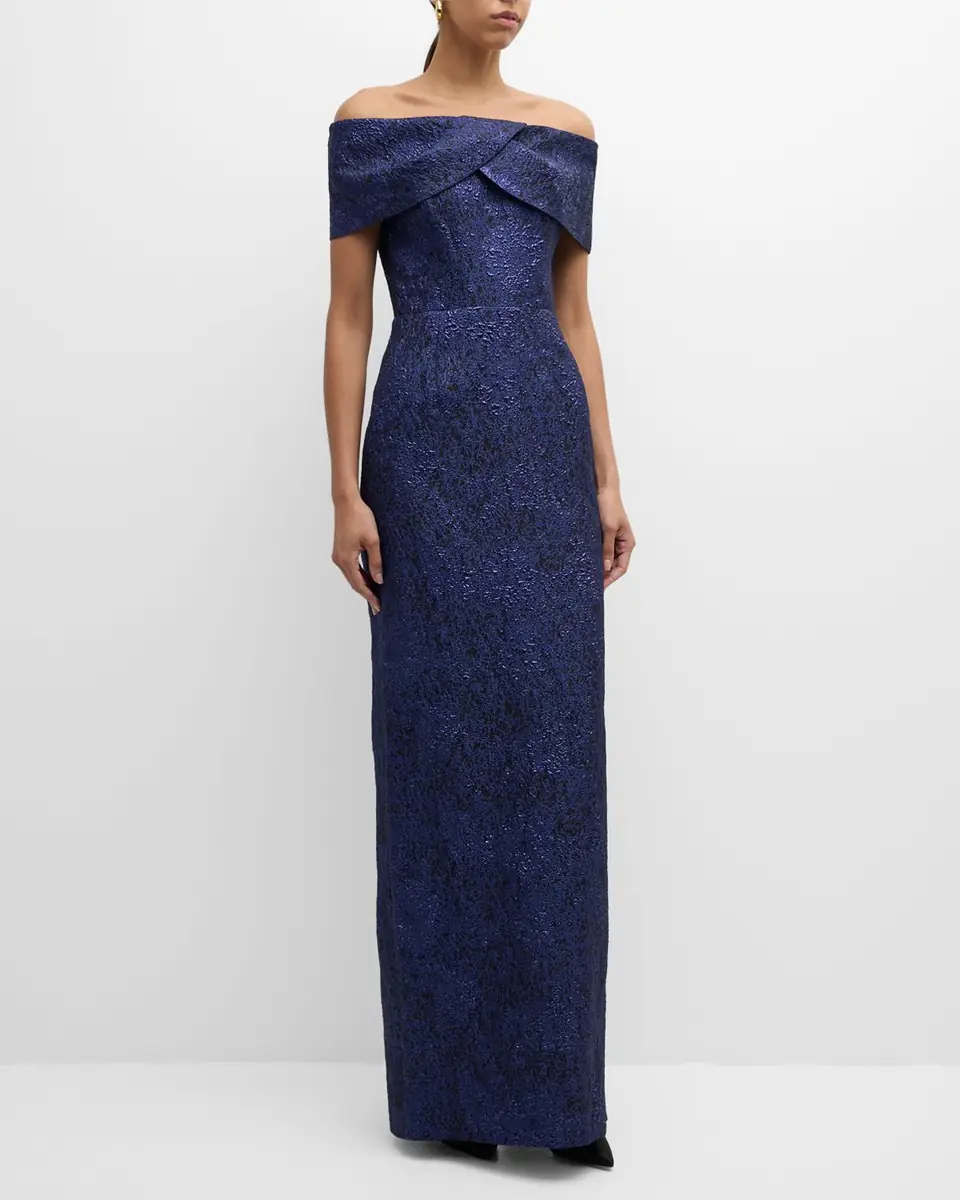 Rickie Freeman for Teri Jon Off-Shoulder Jacquard Column Gown | Thumbnail 2