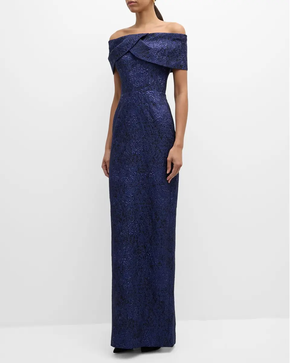 Rickie Freeman for Teri Jon Off-Shoulder Jacquard Column Gown | Thumbnail 3