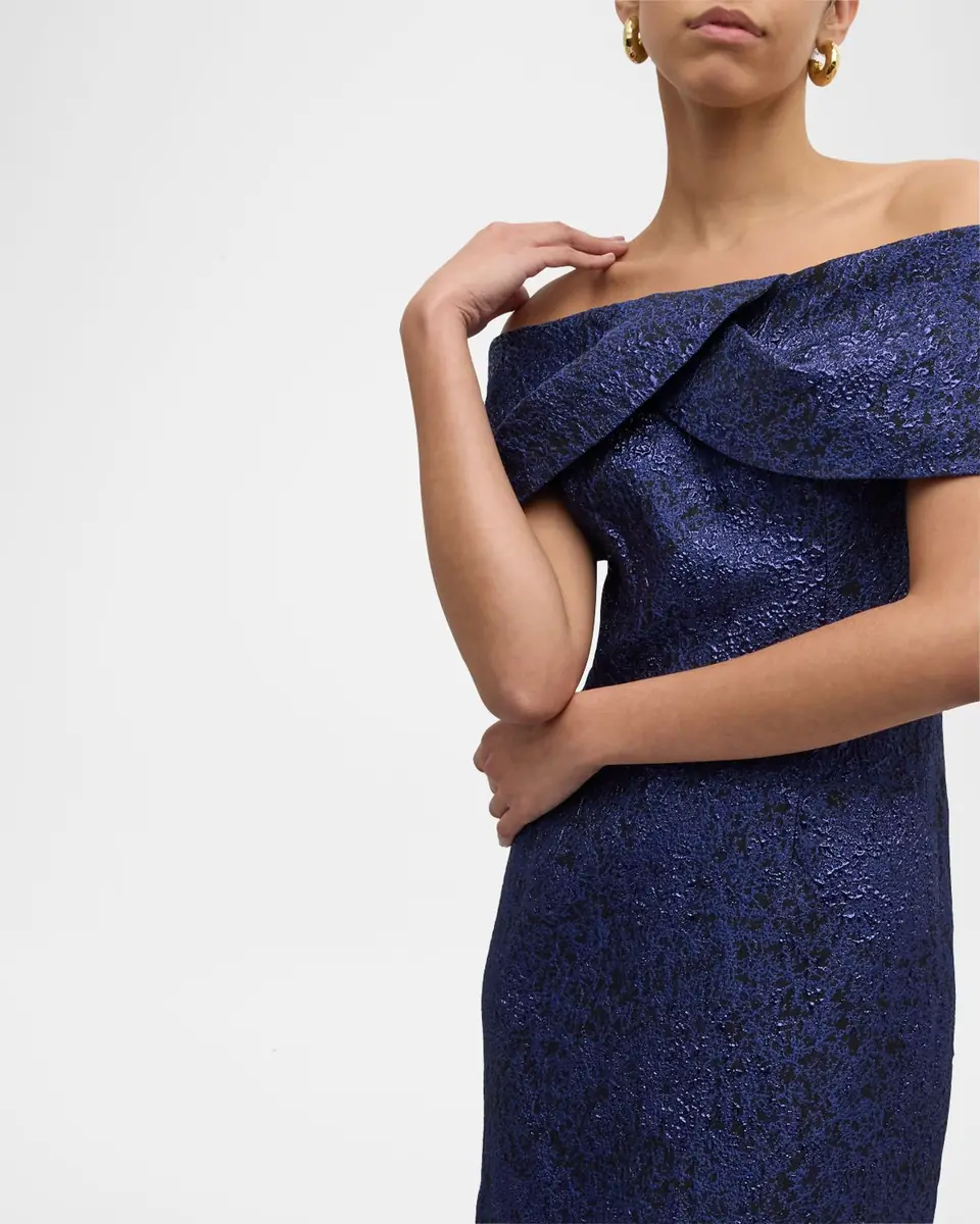 Rickie Freeman for Teri Jon Off-Shoulder Jacquard Column Gown | Thumbnail 7
