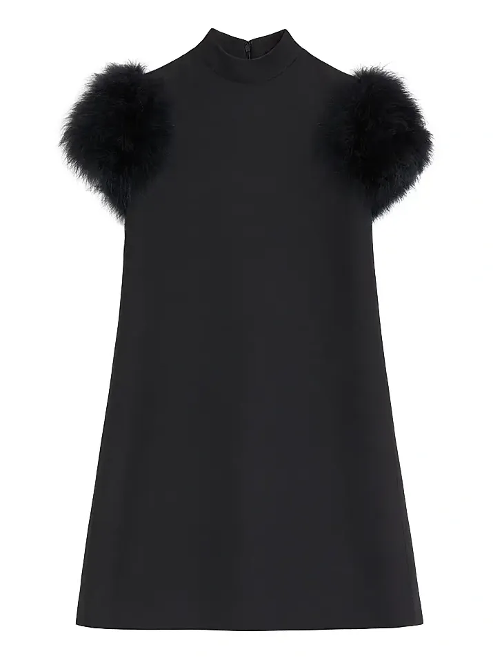 Women's Short Crepe Couture Dress with Feathers - Black