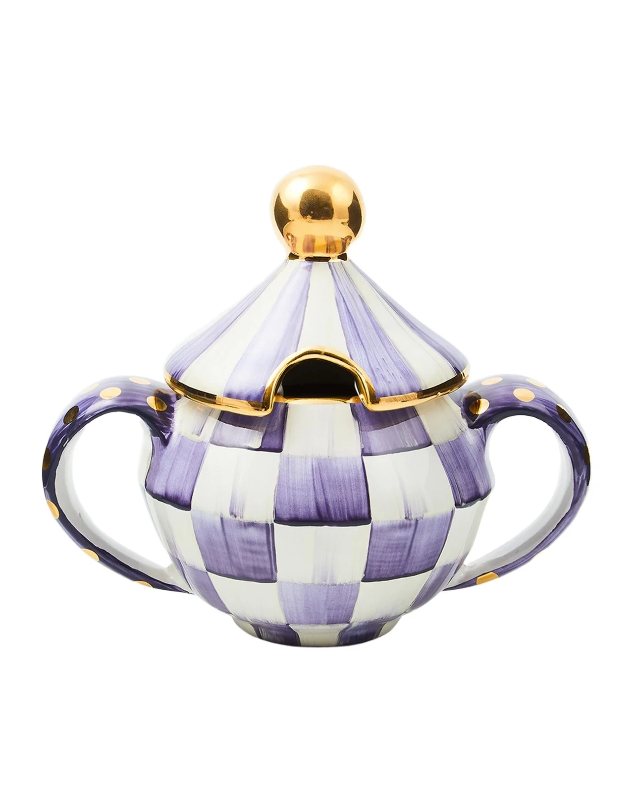 MacKenzie-Childs Violet Check Ceramic Sugar Bowl with Lid