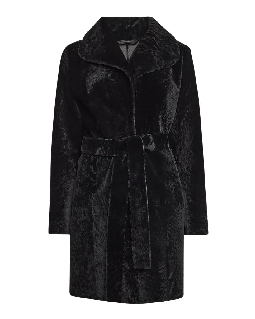 Textured Lamb Shearling Reversible Stroller Coat With Belt Textured Lamb Shearling Reversible Stroller Coat With Belt