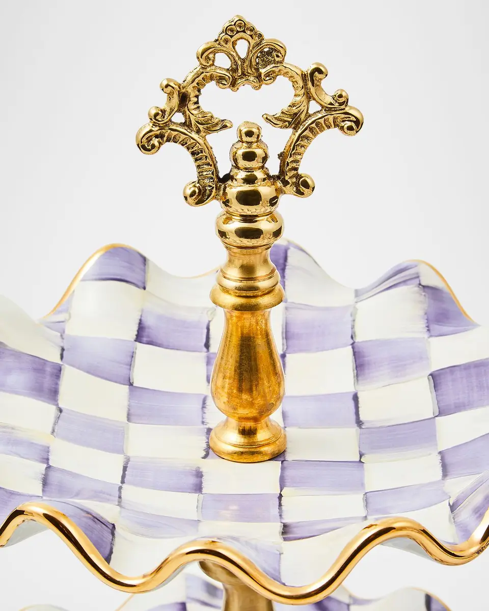 MacKenzie-Childs Violet Check Fluted Ceramic Two-Tier Sweet Stand | Thumbnail 2 MacKenzie-Childs Violet Check Fluted Ceramic Two-Tier Sweet Stand | Thumbnail 2