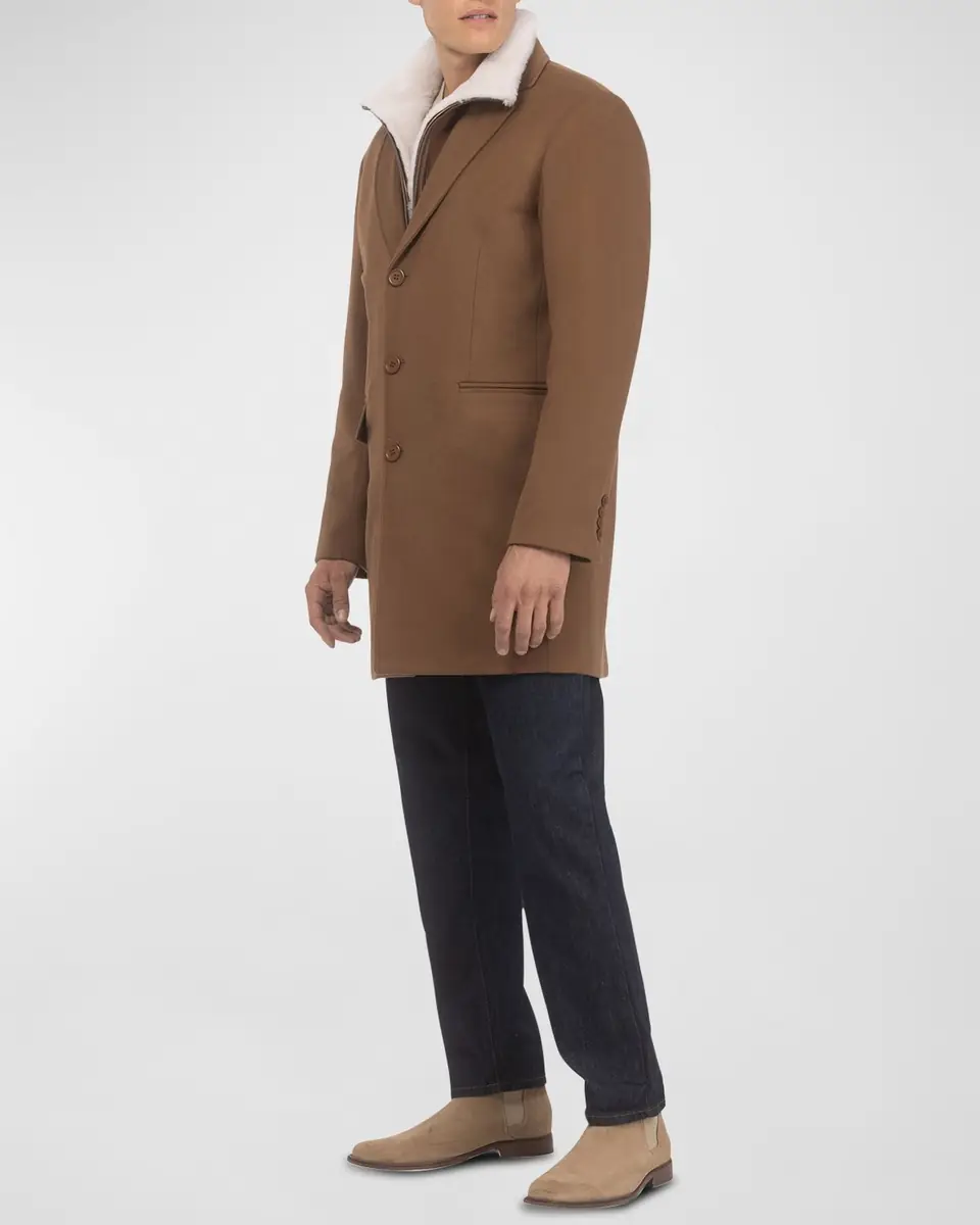 Gorski Men's Loro Wool Short Coat with Merino Shearling Lamb Trim | Thumbnail 2