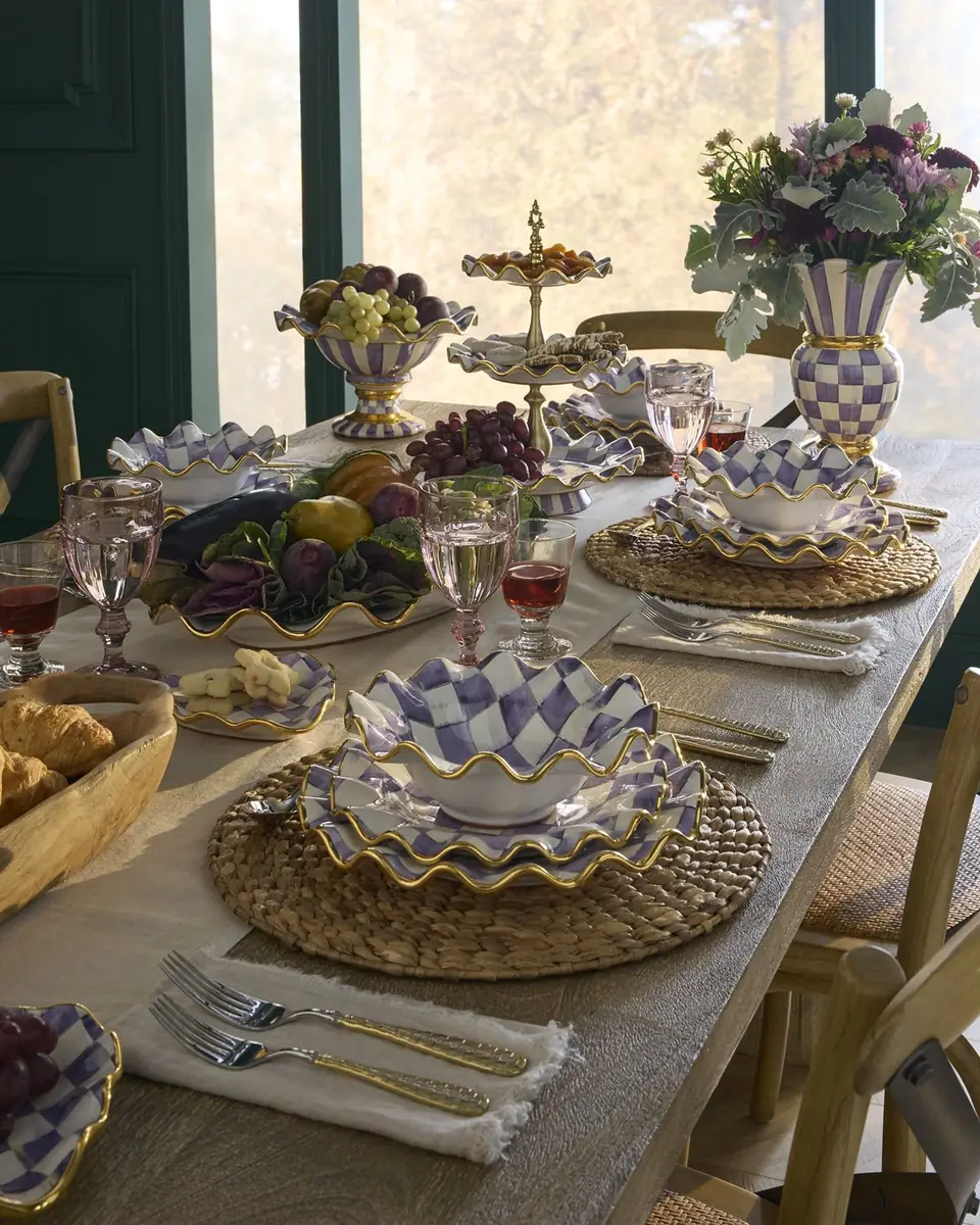 MacKenzie-Childs Violet Check Fluted Ceramic Three-Tier Sweet Stand | Thumbnail 3 MacKenzie-Childs Violet Check Fluted Ceramic Three-Tier Sweet Stand | Thumbnail 3