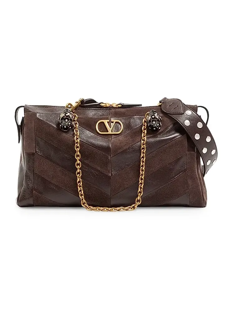 Women's Panthea Medium Shoulder Bag in Suede and Nappa - Ebony