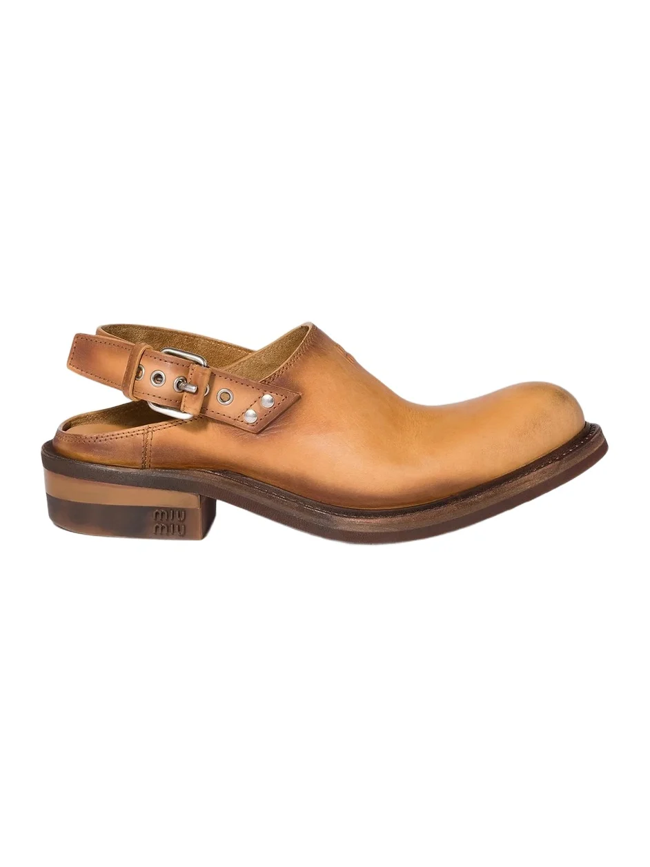 Miu Miu Women's Leather Mules with Buckle - Brown