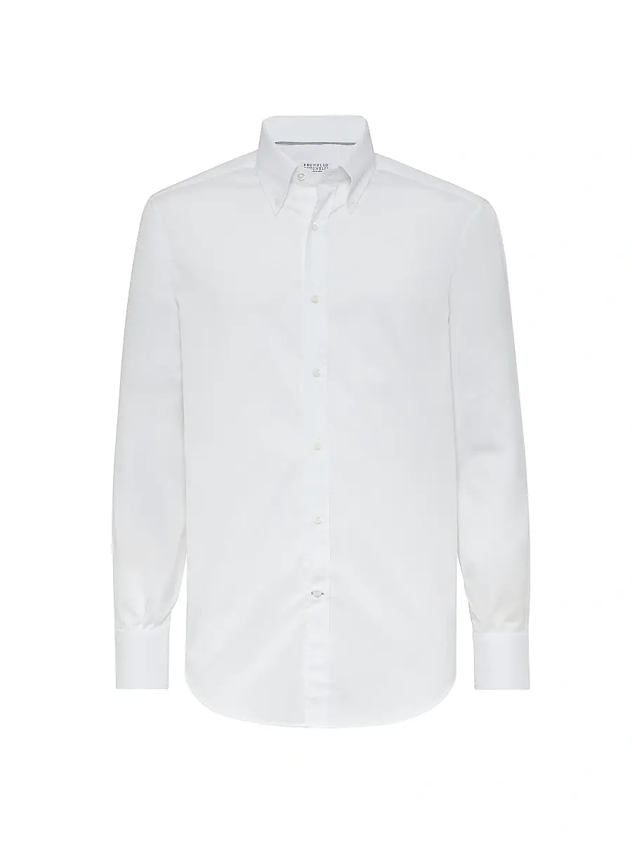 Brunello Cucinelli Men's Twill Basic Fit Shirt With Button-Down Collar - White