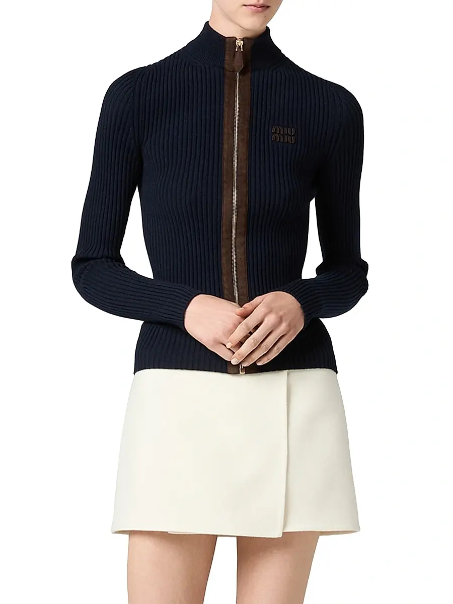 Miu Miu Women's Cashmere and Leather Zipper Cardigan | Thumbnail 2 Miu Miu Women's Cashmere and Leather Zipper Cardigan | Thumbnail 2