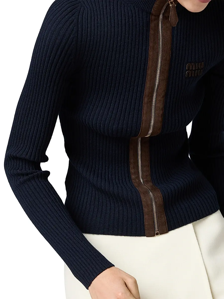 Miu Miu Women's Cashmere and Leather Zipper Cardigan | Thumbnail 5 Miu Miu Women's Cashmere and Leather Zipper Cardigan | Thumbnail 5