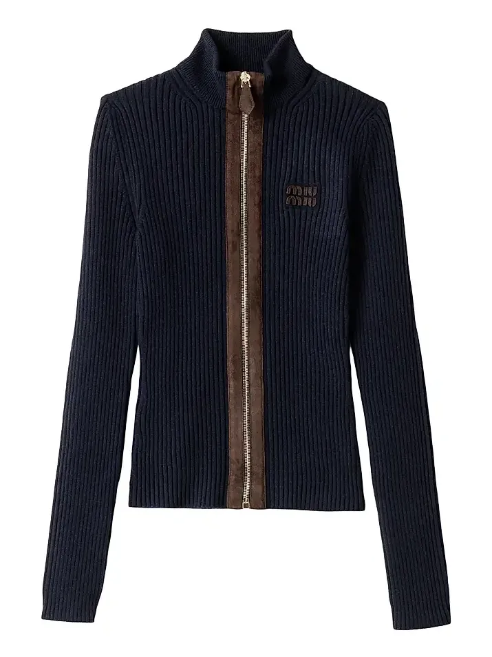 Women's Cashmere and Leather Zipper Cardigan