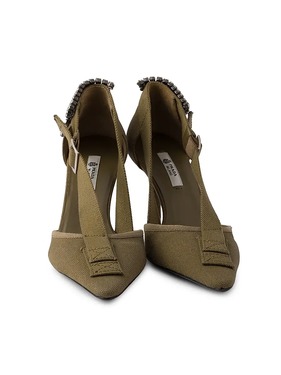 Prada Women's Canvas Pumps with Crystals - Khaki Green | Thumbnail 2 Prada Women's Canvas Pumps with Crystals - Khaki Green | Thumbnail 2